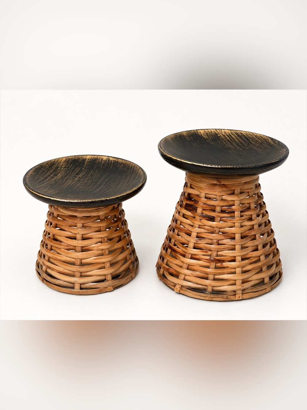 Set of 2 Woven Rattan Candle Holders Black & Antique Gold Rustic Boho Decor